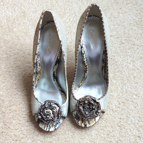 Ivory Sequin Peep-Toe Pumps with Floral Embellishment - Picture 1 of 4